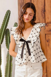SO ME Bow Texture Jacquard Woven Top with Scallop and Tie OutfitFlow
